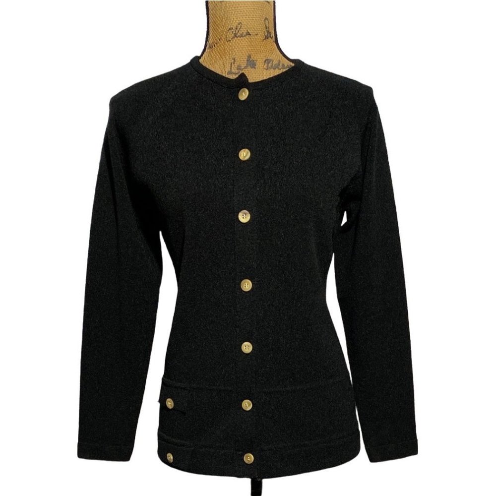 Talbott Travler VTG Cardigan Lady Sweater Dacron Knit S M Solid Black Dacron